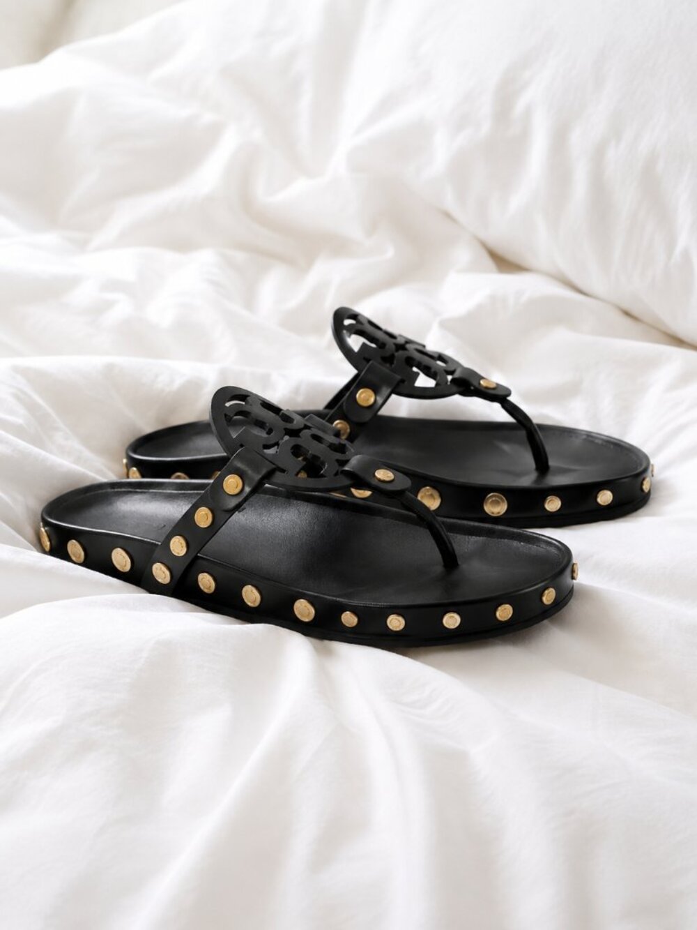 Tory Burch Black Calf Leather Miller Cloud Coin Sandals In Perfect Black